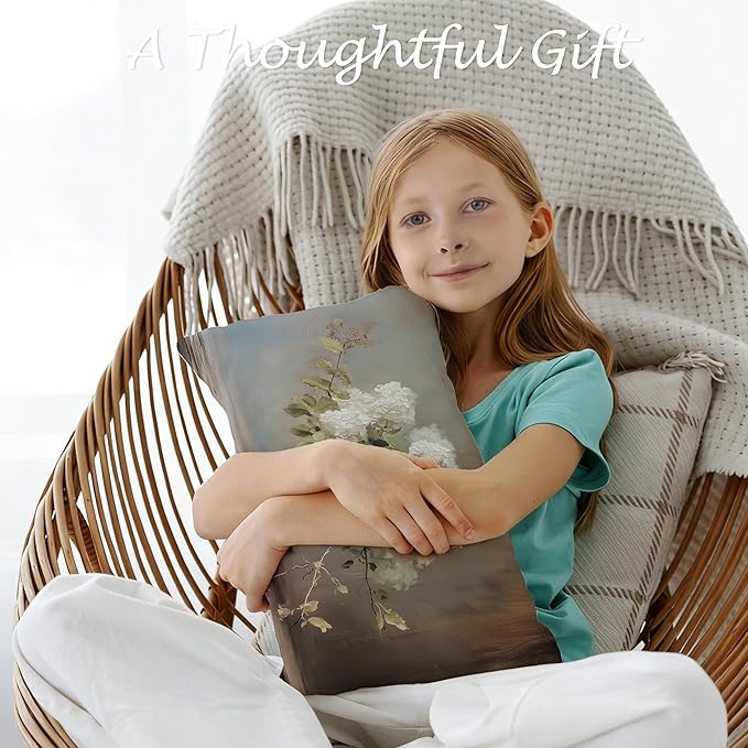 Vintage Moody Hydrangea Floral Lumbar Pillow Cover 12x20 Double-Sided, Cottagecore Room Decor, Farmhouse Spring White Flower Botanical Decorative Throw Pillow Cover for Living Room Home