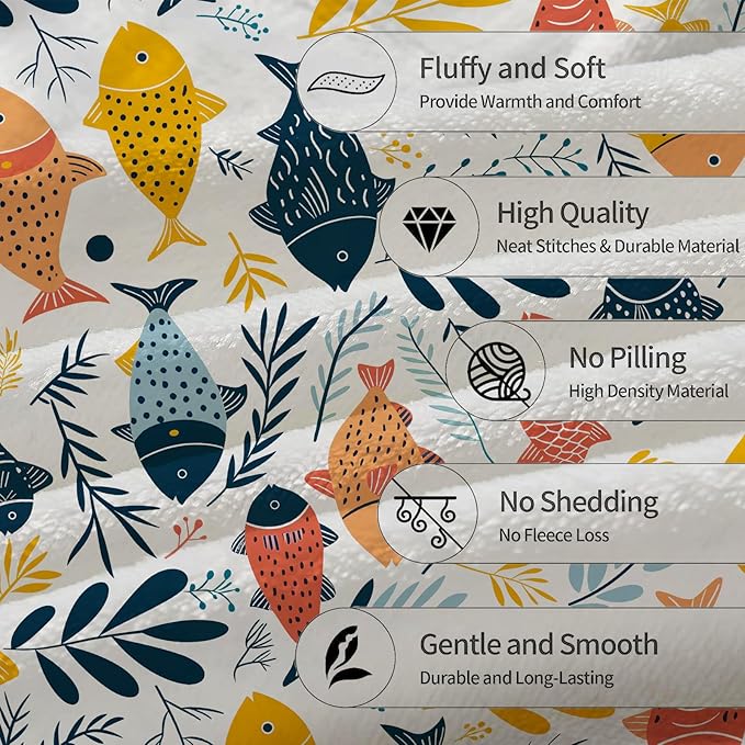 Cartoon Fish Blanket | Soft Warm Fuzzy Lightweight Flannel Throw Blanket Perfect for Couch, Bed, Decor, Travel & Outdoor Use, Cozy Blankets for Adults Women Girls 60×50 in
