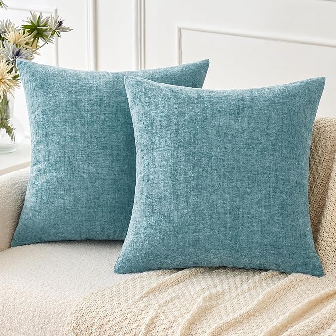 MIULEE Pack of 2 Couch Throw Pillow Covers 20x20 Inch Soft Smoke Blue Chenille Pillow Covers for Sofa Living Room Solid Dyed Pillow Cases
