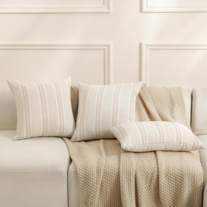 Hckot Hand Made Decorative Khaki Pillow Covers 18x18 Striped Throw Pillows Textured Linen Pillow Covers Farmhouse Decor Cushion Covers for Couch Bed Living Room, Khaki