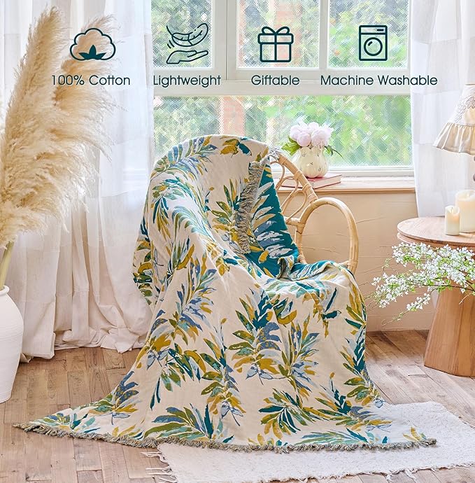 Boho Throw Blanket - 100% Cotton Throw Blankets for Bed Couch, 50"x60" Soft Muslin Lightweight Spring Throw Blanket, Cozy Plant Printed Bohemain Bedding Decor Green Throw Quilt