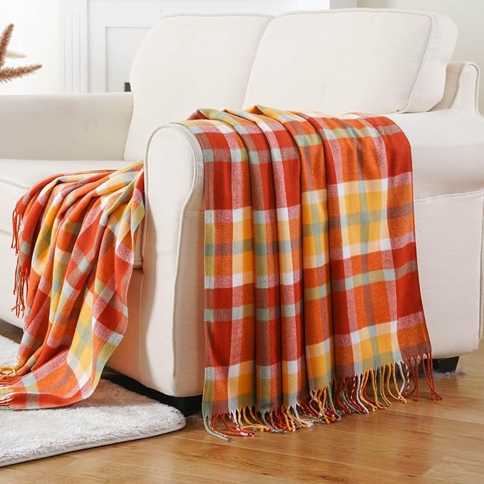 BATTILO HOME Fall Blanket Throw for Couch, Orange Plaid Throw Blankts, Burnt Orange Throw Blankets Farmhouse Style, Super Soft Decorative Multicolor Throw for Fall Decoration 50"x60"