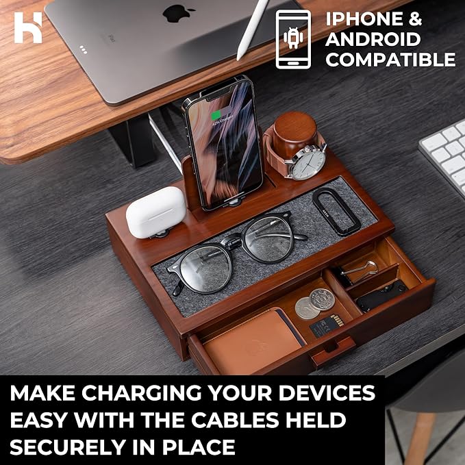 Holme & Hadfield Premium Wooden Phone Docking Station with Drawer – Nightstand Organizer for Charging Phone & Earbuds – Declutter Your Space with Felt-Lined Protection & Watch Pillar - Gift For Men