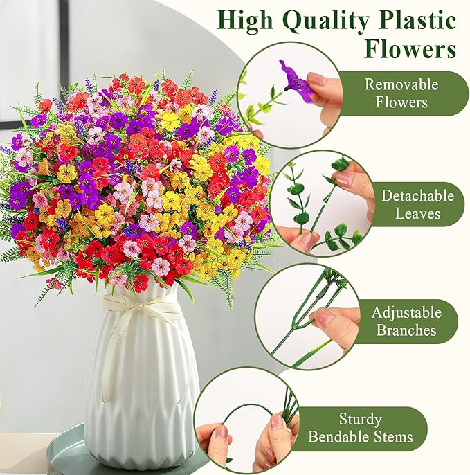 Alupssuc 48 Bundles Artificial Flowers for Outdoors Planters Spring Decoration, UV Resistant Faux Eucalyptus Violet and Lavender Silk Fake Plants for Outside Indoor Yard Home Patio Decor, Mix 4 Colors