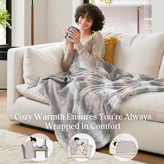 Madison Park Soft Faux Fur Blanket, Plush Reversible Throw for Home Decor, Luxuriously Soft All Seasons Fuzzy & Cozy Knitted Throw, 50x60 Blush/Grey