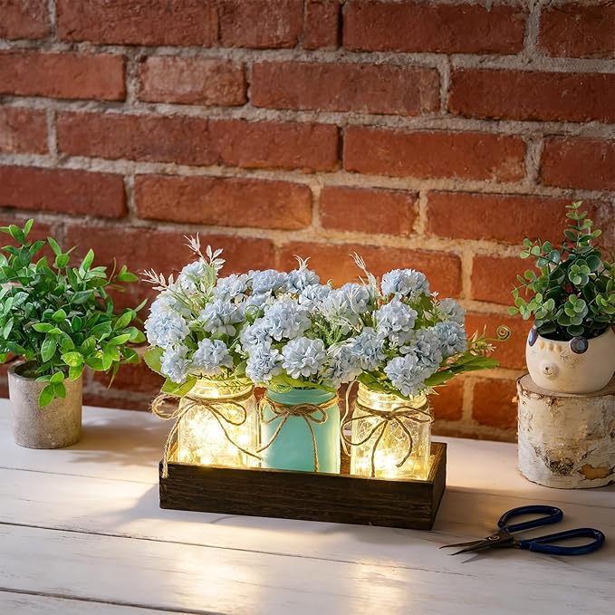 LUEUR Mason Jar Lights Centerpiece with Farmhouse Wood Tray – 3 Jars with Blue Hydrangea Spring Flowers, Rustic Spring & Wedding Decoration for Dining Table, Coffee Table, Kitchen & Living Room