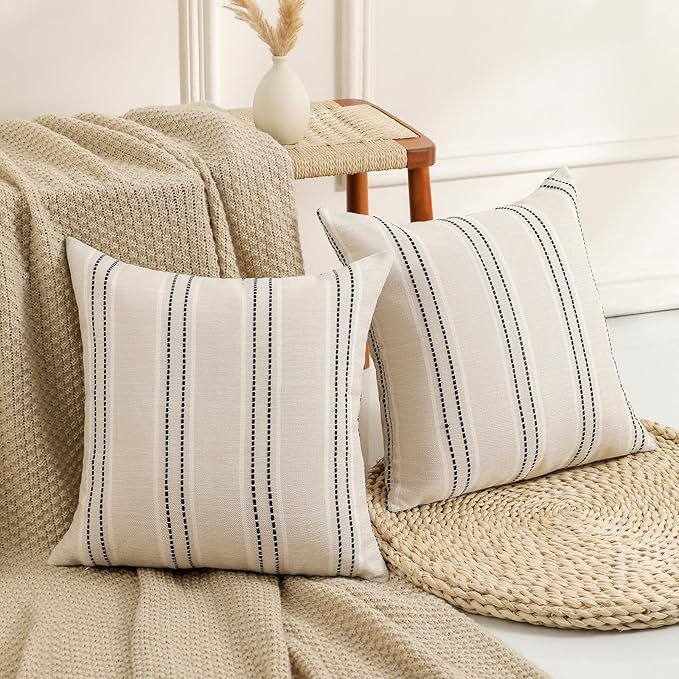 Hckot Hand Made Decorative Pillow Covers 18x18 Striped Throw Pillows Textured Linen Pillow Covers Farmhouse Decor Cushion Covers for Couch Bed Living Room, Black