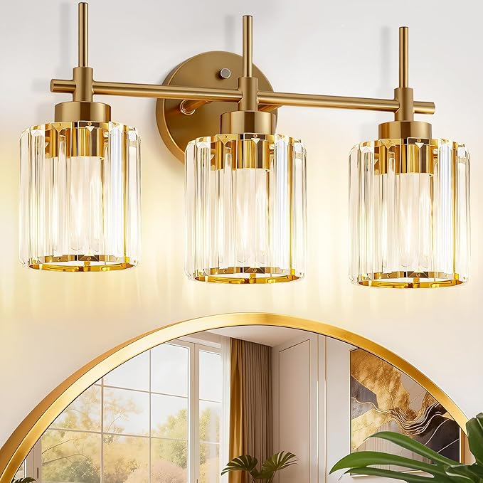 Bathroom Lighting Fixtures, 3 Light Gold Bathroom Light Fixtures with Clear Shades Modern Crystal Vanity Light Bath Room Vanity Lighting Over Mirror Wall Light