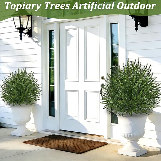 2 Pack 24'' Artificial Plants Topiary Ball Trees, Realistic Topiary with Spike Fake Bushes Faux Shrubs Plants Spring Pot Fillers Outdoor Front Porch Door Garden Yard Decorations
