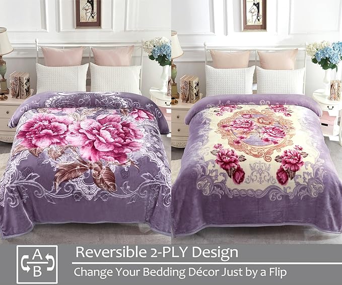 JYK Queen Size Korean Mink Blanket, 5 LB Fleece Bed Blanket - 2 Ply Reversible 520GSM Silky Soft Plush Warm Blanket for Autumn Winter, A&B Pattern Printed, (Queen 75"x87", Light Purple Peony/Peony)