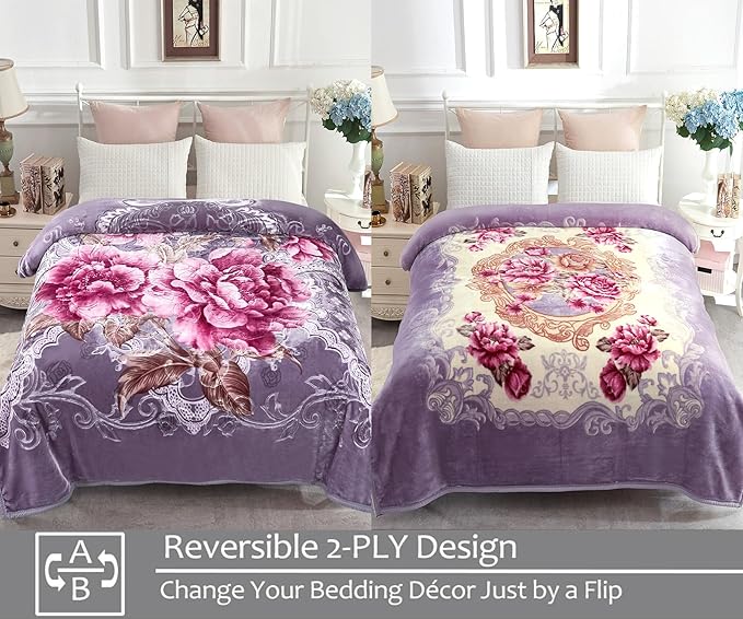 JYK Korean Faux Mink Fleece Blanket 83" X 91", 5.7 LB - 2 Ply Reversible Soft Warm Plush Flannel Blanket, A&B Pattern Printed Embossed Microfiber Blanket, (Light Purple Peony/Peony, King)