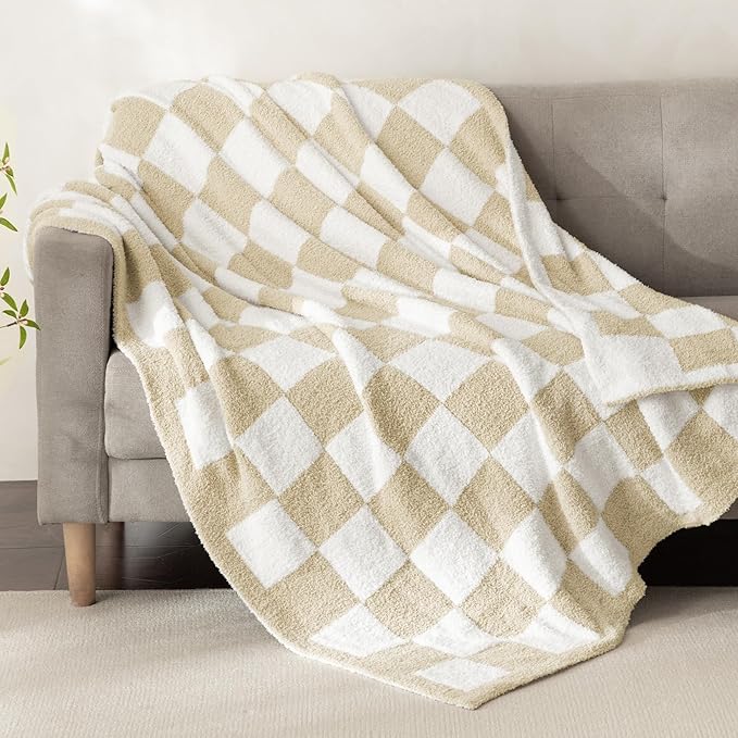 Whale Flotilla Checkered Knit Throw Blanket, Ultra Soft Warm Reversible Cozy Decorative Blankets for Couch Sofa and Bed, 50x60 Inch, Camel
