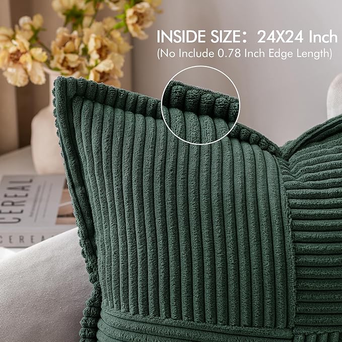 MIULEE Decorative Euro Sham Throw Pillow Covers for Couch Bed Livingroom 24x24 Inch Set of 2 Dark Green Boho Accent Throw Pllows Broadside Striped Patchwork Soft Corduroy Pillowcases
