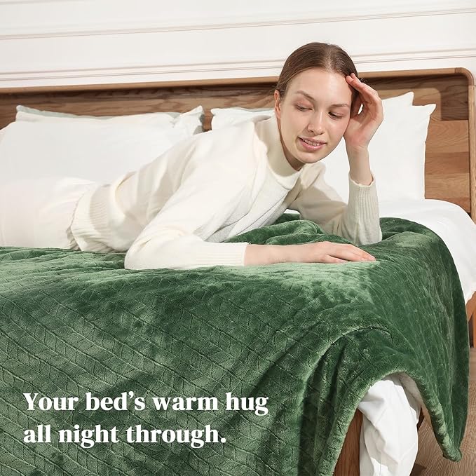 Electric Blanket Queen 84"x90" Heated Blanket Queen Size Dual Control Wheat Pattern Ultra-Soft Flannel & Thick Sherpa with 5 Heat Settings & 10H Auto Off, FCC/ETL Certified, Machine Washable, Green