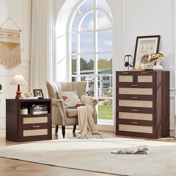 LEYAOYAO Rattan Dresser for Bedroom Set of 2, 41" Tall Chest of Drawers, Modern 6 Drawers Boho Dressers with Storage, Vintage Brown Dresser Wooden Closet Organizer for Living Room, Hallway