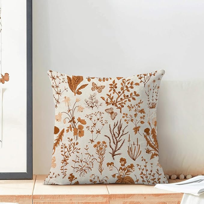 AEIOAE Fall Pillow Covers 16x16 Inch Set of 2,Burnt Orange Wild Flower Plant Throw Pillows Case,Seasonal Floral Outdoor Decorative Square Linen Farmhouse Decor Cushion Covers for Home Sofa Bed Couch