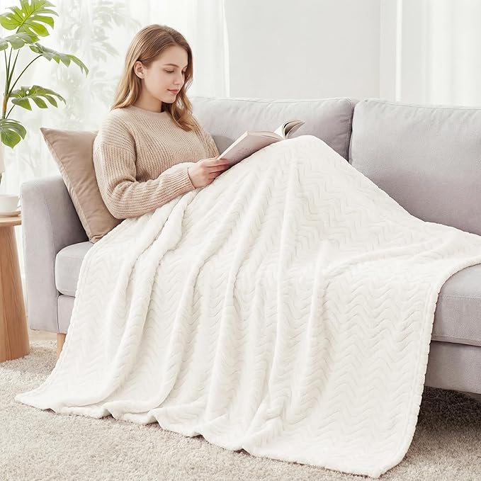 Exclusivo Mezcla Queen Blanket for Bed, Cozy Lightweight Fleece Blankets for All Season, Decorative Giftable Fuzzy Plush Wave Textured Suitable for Women, Men, Ivory, 90x90 Inches