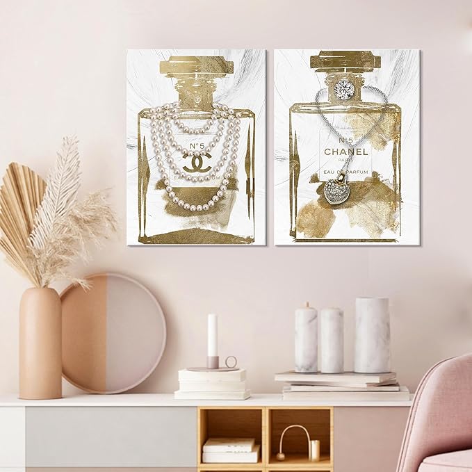 2 Pieces Vintage Perfume Bottle Wall Art Gold Canvas Pictures Wall Decor Modern Luxury Fashion Posters Print Glam Artwork Picture for Bedroom Make up Room Home Decor 12"x16"(30x40cm)