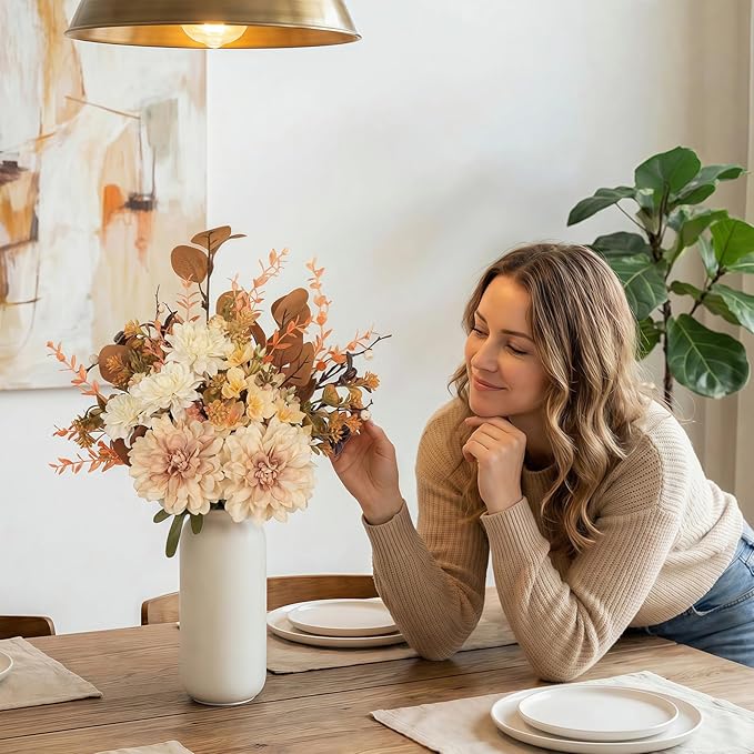 Artificial Fall Flowers Bouquet in Ceramic Vase, Faux Brown Flower Centerpieces for Coffee Table Decorations, Fake Silk Floral Arrangements for Thanksgiving Living Dining Room Bedroom Decor