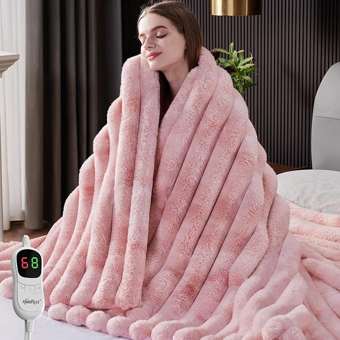 Heated Throw Blanket, Faux Fur Cozy Heating Blanket with Overheat Protection, 1/2/4/6/8 Hours Auto-Off 10 Heat Level, Machine Washable (72x84 I Inches, Tie-Dye Pink)