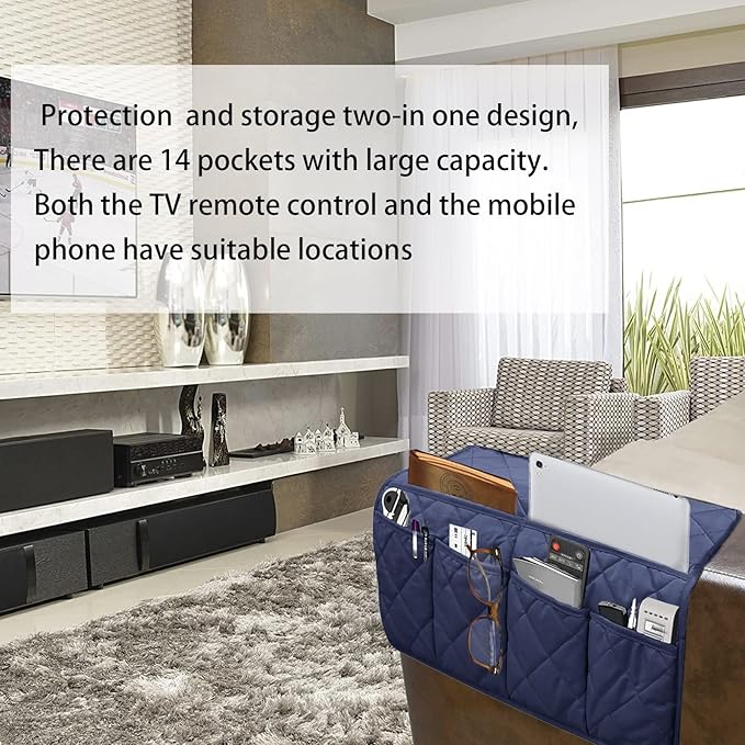 Sofa Armrest Organizer with 14 Pockets, Waterproof, Non-Slip, Space-Saving, Fits Most Couches & Recliners, Black