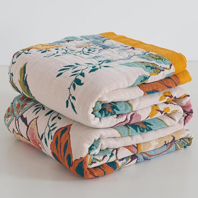 Boho Throw Blanket for Couch, Queen Size Bohemian Bedspread Blankets, Cozy Warm Lightweight Cotton Throw Blanket, Reversible Fall Blanket Floral Pattern, 80"X90"
