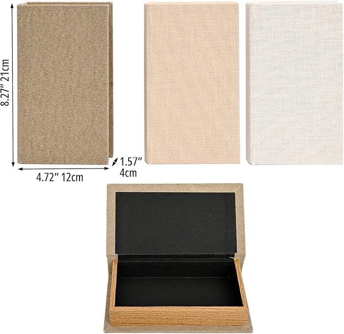 Modern Linen and Wood Decorative Faux Book Boxes Set of 3, 12",Taupe,Beige,Off White