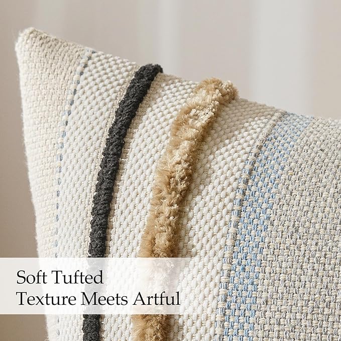 ANRODUO Pack of 1 Boho Decorative Throw Pillow Covers 14x36 Farmhouse Cushion Case Long Striped Chenille Pillow Cases Lumbar Pillow Covers Accent Neutral Pillow for Sofa Couch Bed, Light Blue Stripe