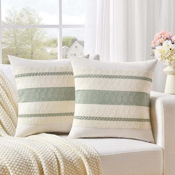 Fancy Homi Set of 2 Sage Green Boho Decorative Throw Pillow Covers 18x18 Inch for Living Room Bedroom Couch Bed Sofa Chair, Rustic Retro Cushion Case 45x45 cm, Bohemian Room Home Decor