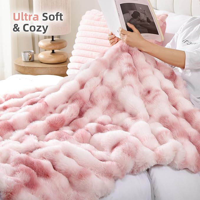 Smoofy Faux Fur Throw Blanket for Couch Rabbit Fleece - Tie-dye Pink Fluffy Blanket for Sofa Bedroom Living Room, Cozy Soft Plush Luxury Thick Winter Fuzzy Comfy Bubble Blanket - 60" x 80"
