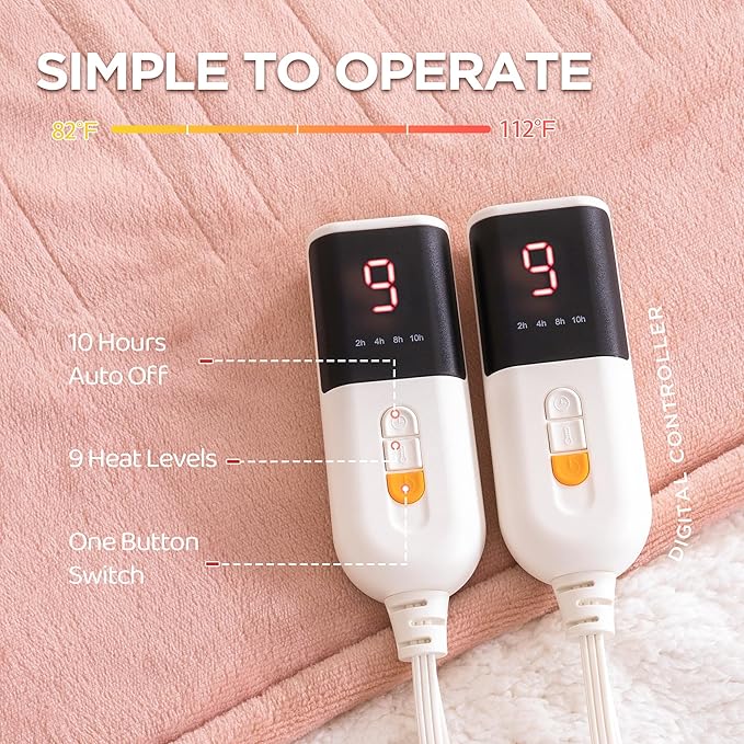 Heated Blanket Queen Size - Dual Controllers Electric Blanket Queen with 9 Heat Settings & 10 Hour Auto Off,Overheat Protection,Machine Washable 84"x90"(Candy Pink)