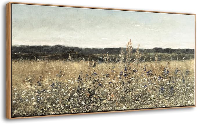 DJSYLIFE Framed Wall Art Decoration, Vintage Wildflower Field Canvas Wall Art, Classical Flowers Landscape Painting Prints, Farmhouse Cottagecore Living Room Decor, Modern Home Bedroom Decor 20"x40"