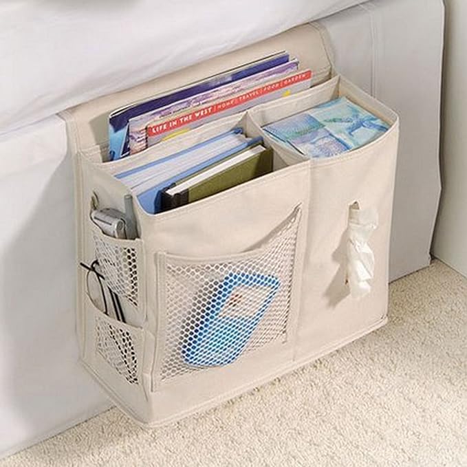 Oxford Bed Pockets Portable Remote Control Bedside Storage Caddy Hanging Organizer Bag with 6 Pockets Bed Sofa Organizer for Magazine Tissue Phone Beige
