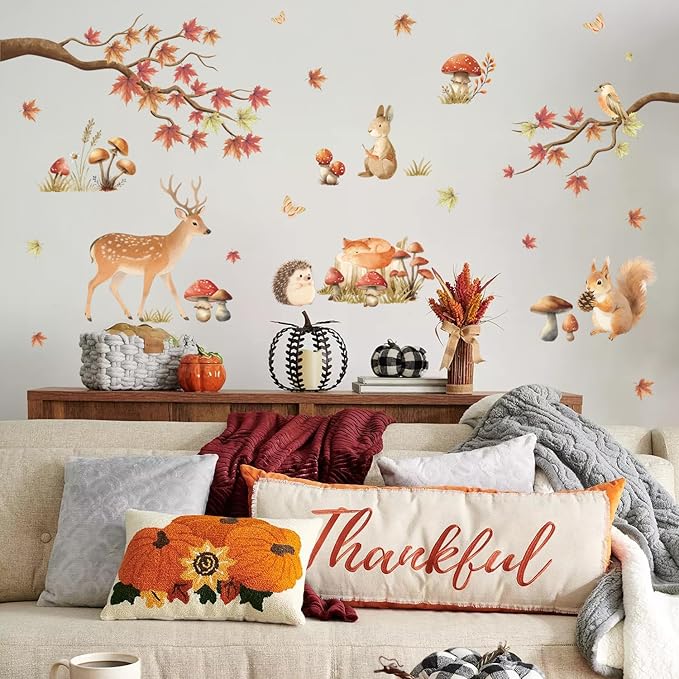 HLNIUC Autumn Forest Animal Double Sided Wall Decal(35”x24”) Cute Deer Rabbit Squirrel Cartoon Wall Sticker,Fall Maple Leaf Forest Theme Art Decal,Fall Jungle Animals for Kids Room Nursery