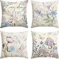 AVOIN colorlife Every Day is A Gift Hydrangea Throw Pillow Covers, 16 x 16 Inch Spring Summer Floral Butterfly Dragonfly Decoration Cushion Case for Home Sofa Couch Set of 4