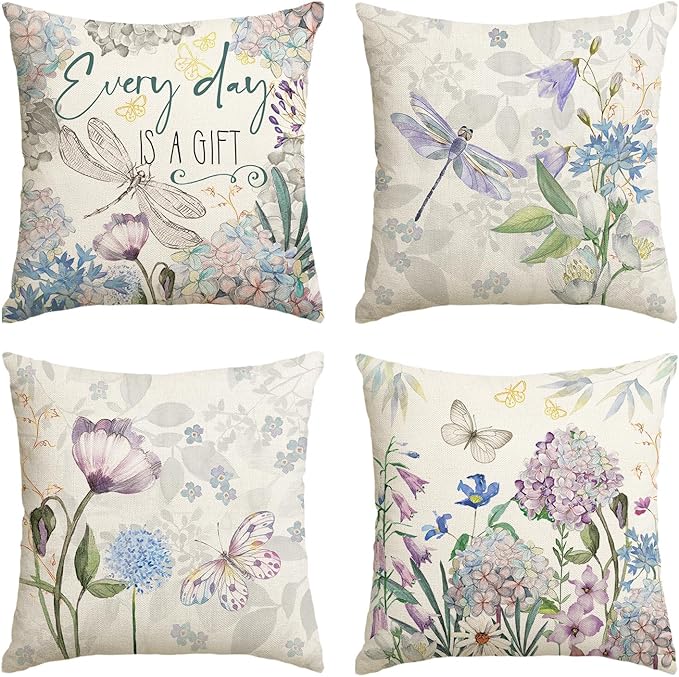 AVOIN colorlife Every Day is A Gift Hydrangea Throw Pillow Covers, 20 x 20 Inch Spring Summer Floral Butterfly Dragonfly Decoration Cushion Case for Home Sofa Couch Set of 4