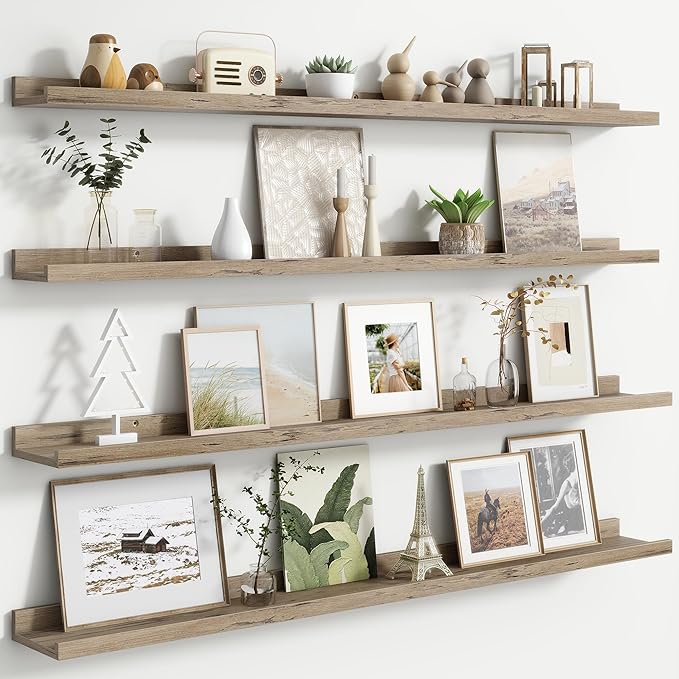 Floating Picture Ledge Shelves Set of 4, 48 Inch Shelves with Lip, Large Nursery Book Shelf for Toys Storage, Kids Bookshelf, Living Room, Bedroom Decor Frames