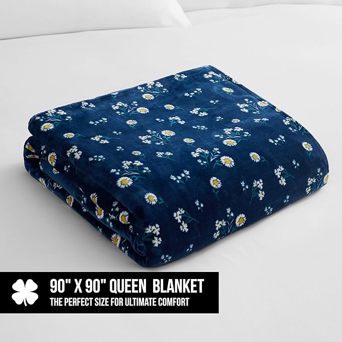 Lucky Brand Daisy Navy Blue Floral 90"X90" Cozy Plush Blanket - Premium Microfiber Throw for Luxurious Comfort and Style Full/Queen Size