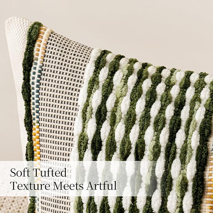 ANRODUO Pack of 2 Boho Decorative Throw Pillow Covers 20x20 Farmhouse Cushion Case Striped Chenille Pillow Cases Square Pillow Covers Accent Neutral Pillowcase for Sofa Couch Bed, Olive Green Stripe