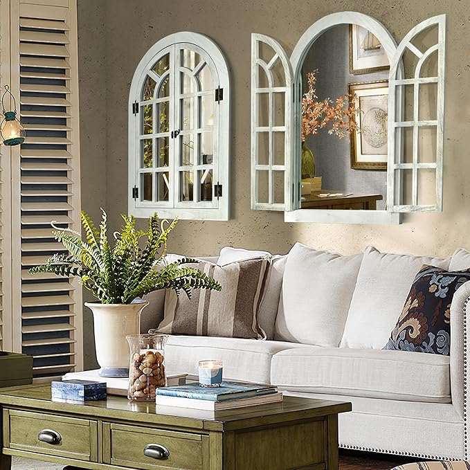Window Mirrors for Wall Decor -White Arched Wall Mirror Farmhouse Wall Decor Wood Frame Decorative Wall Mirrors Like Window for Bedroom, Living Room, Entrance, Dining Room