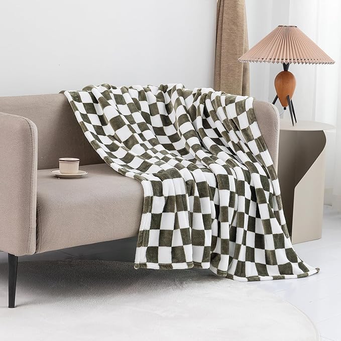 LOMAO Throw Blankets Flannel Blanket with Checkerboard Grid Pattern Soft Throw Blanket for Couch, Bed, Sofa Luxurious Warm and Cozy for All Seasons (Dark Olive, 40"x60")