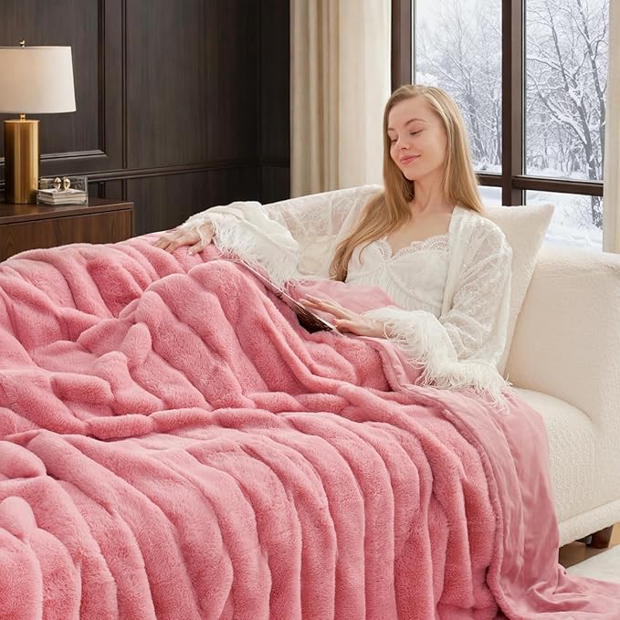 Cozy Bliss Deluxe Sheared Rabbit Faux Fur Throw Blanket, Soft Fuzzy High-Low Sculpted Plush Blanket for Couch, Cozy Home Accent, All Season Use, Pink 60"x80"
