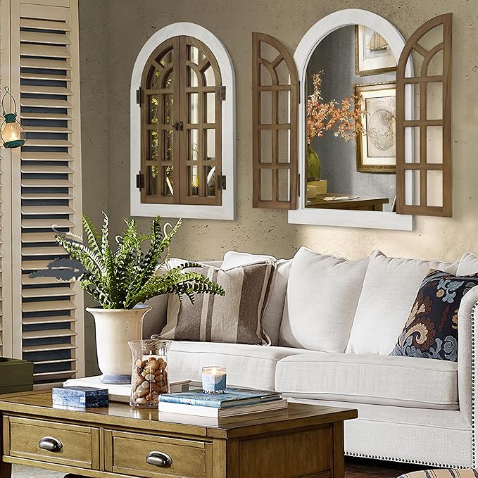 Window Mirrors for Wall Decor -White Arched Wall Mirror Farmhouse Wall Decor Wood Frame Decorative Wall Mirrors Like Window for Bedroom, Living Room, Entrance, Dining Room