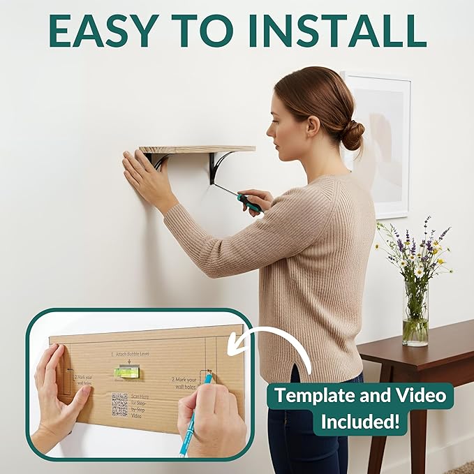 Reinforced Steel Bracket Room Shelves for Bedroom Wall - Easy to Install, Template and Video Included - Wall Mounted Rustic Wood Shelves for Bathroom, Home Decor
