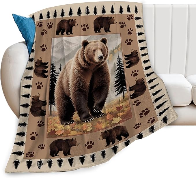 Bear Throw Blanket - Soft Plush Fleece Cabin Wild Animal Bedding Blankets- Cozy Bear Stuff Gifts for Women Girls Kids Adults 60"X80"