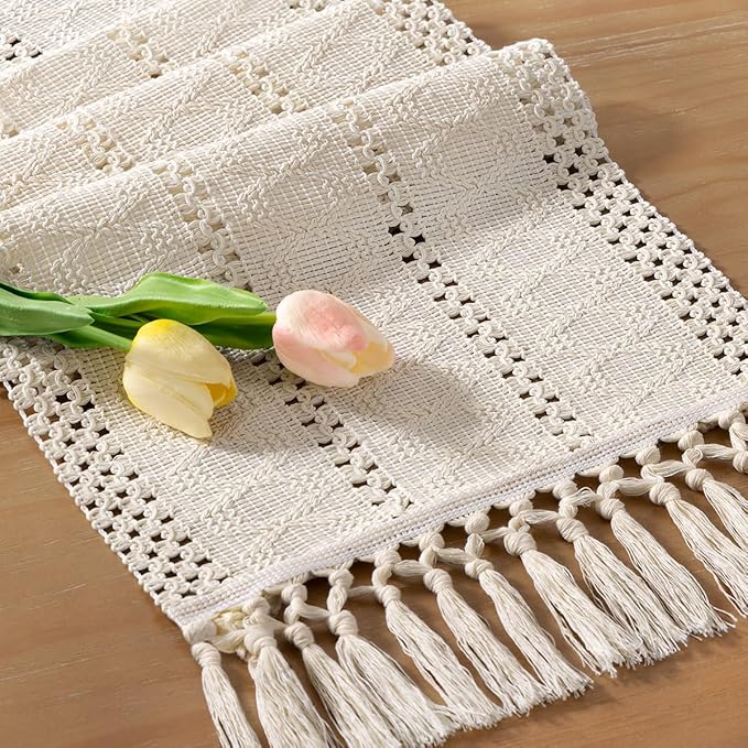 Socomi Boho Table Runner Macrame Easter Spring Farmhouse Woven Cotton Linen Rustic Coffee Table Runner with Tassels for Dresser Scarf Home Decor Dining Room 12x90 inch Beige