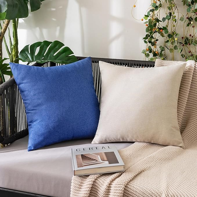 MIULEE Pack of 2 Decorative Outdoor Solid Waterproof Throw Pillow Covers Faux Linen Garden Farmhouse Coastal Cushion Cases for Summer Patio Tent Balcony Couch Sofa 16x16 Inch Royal Blue
