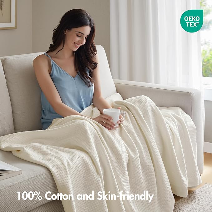 Madison Park 100% Egyptian Cotton Lightweight Summer Blanket, Breathable Waffle Knit Design, Soft Cozy All-Season Throw for Bed, Couch or Sofa, Cream King Size (108"x90")