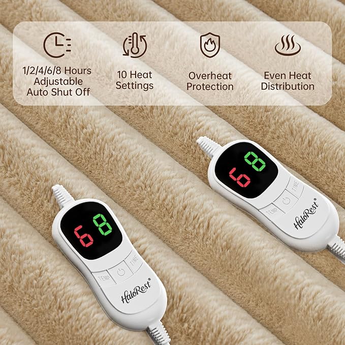 Heated Blanket King Size, Faux Fur Cozy Heating Blanket with Overheat Protection, 1/2/4/6/8 Hours Auto-Off 10 Heat Level, Machine Washable (90x100 Inches, Beige)