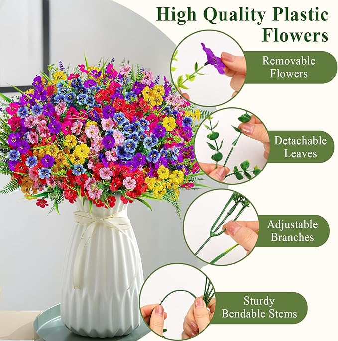 Alupssuc 48 Bundles Artificial Flowers for Outdoors Planters Spring Decoration, UV Resistant Faux Eucalyptus Violet and Lavender Silk Fake Plants for Outside Indoor Yard Home Patio Decor, Mix 6 Colors